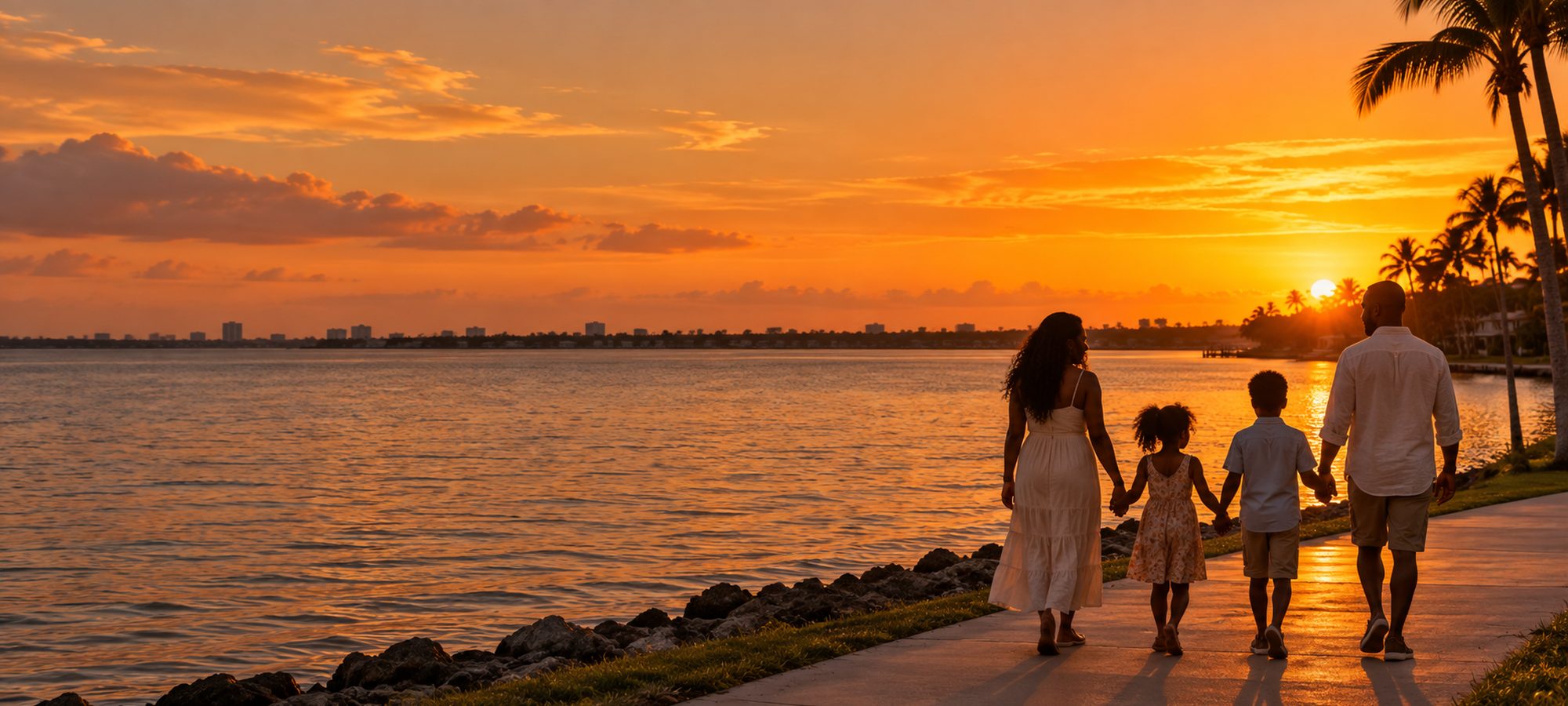 A family of four walking together along the waterfront at sunset.