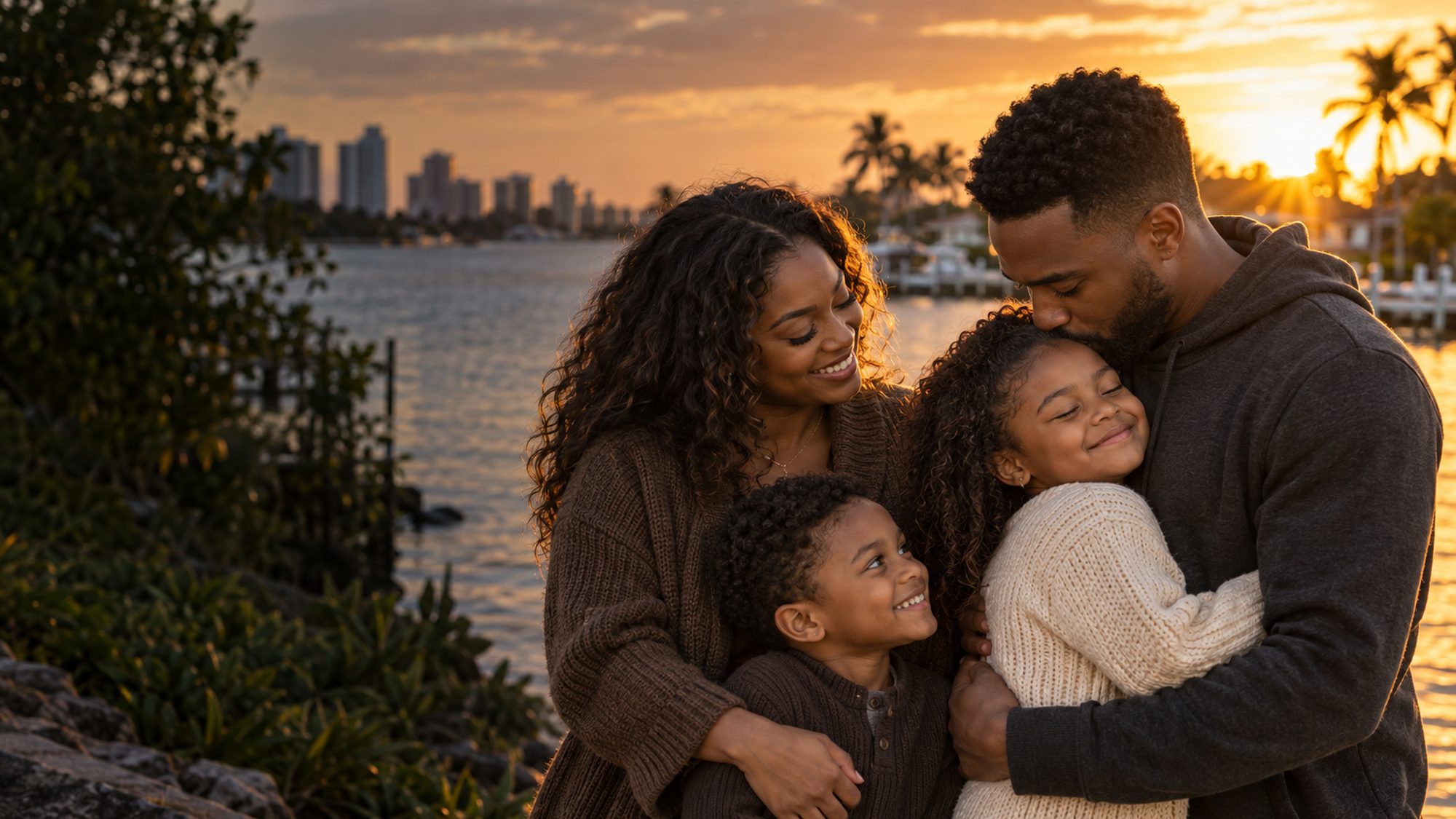 A family sharing an embrace outdoors at sunset.