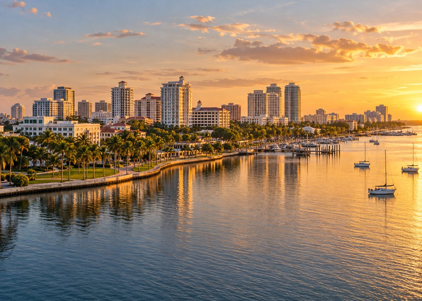 Palm Beach waterfront skyline in the warm light of sunset.