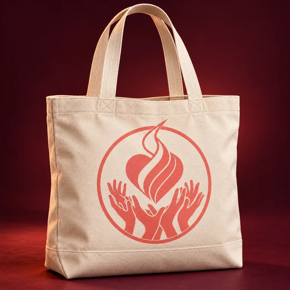 Natural canvas tote bag with the A Different Shade Of Love coin mark in coral.