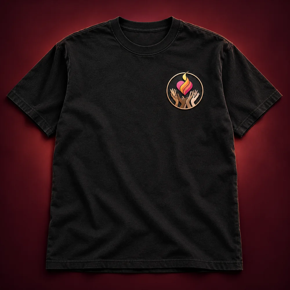 Black heavyweight t-shirt with the A Different Shade Of Love coin mark printed on the chest.