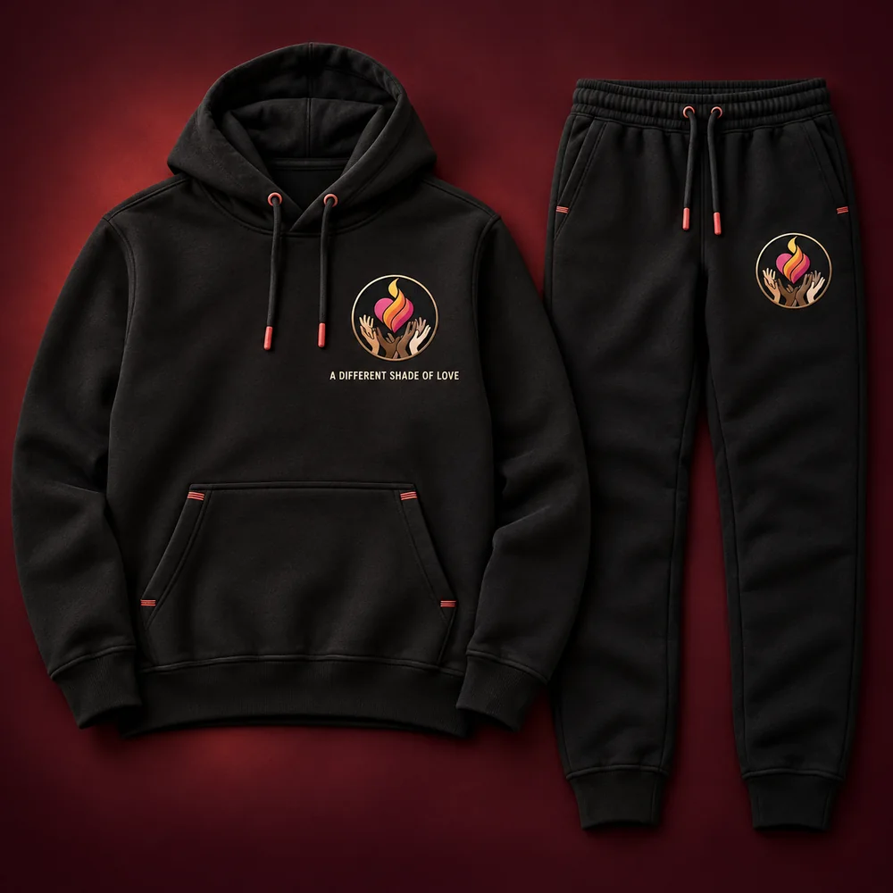 Black A Different Shade Of Love hoodie and matching joggers shown together, with the org's coin mark on the chest.