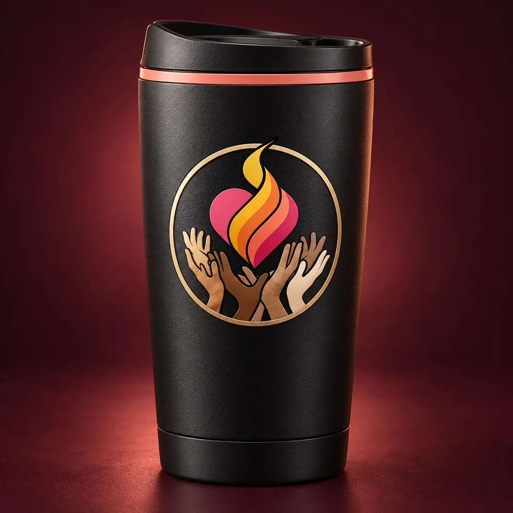 Black insulated travel tumbler with the A Different Shade Of Love coin mark in coral.