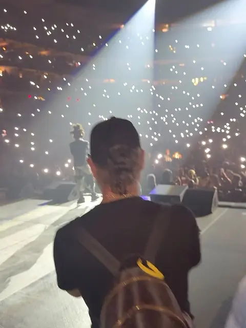 The back of somebody's head in a crowd, with confetti falling and stage lights above.