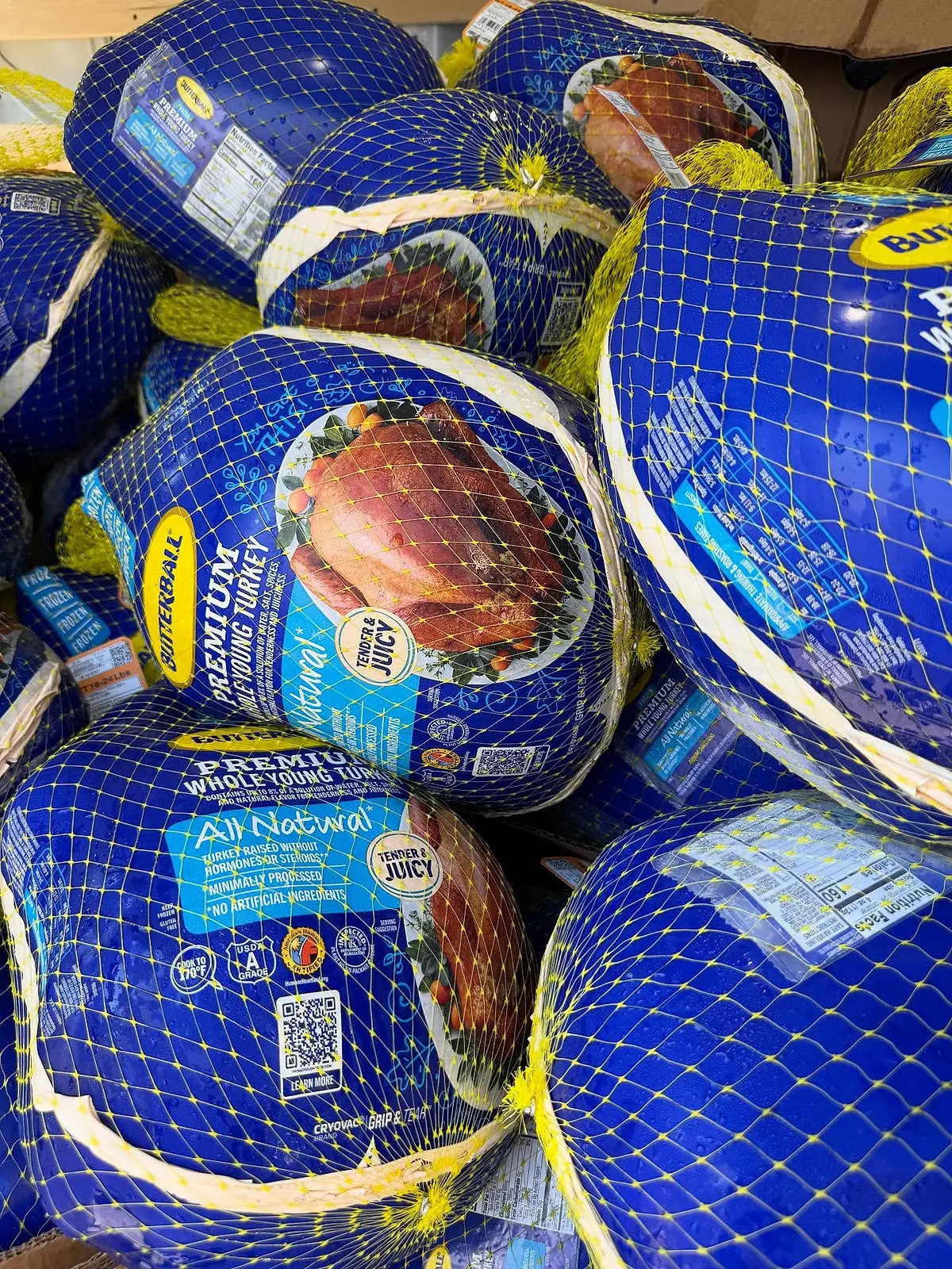 Frozen turkeys stacked in netting, ready for the Thanksgiving drive.