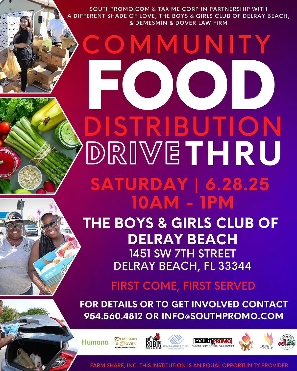 A printed flyer headed Community Food Distribution Drive Thru, listing a Saturday date, fresh produce and pantry items, and no registration needed.