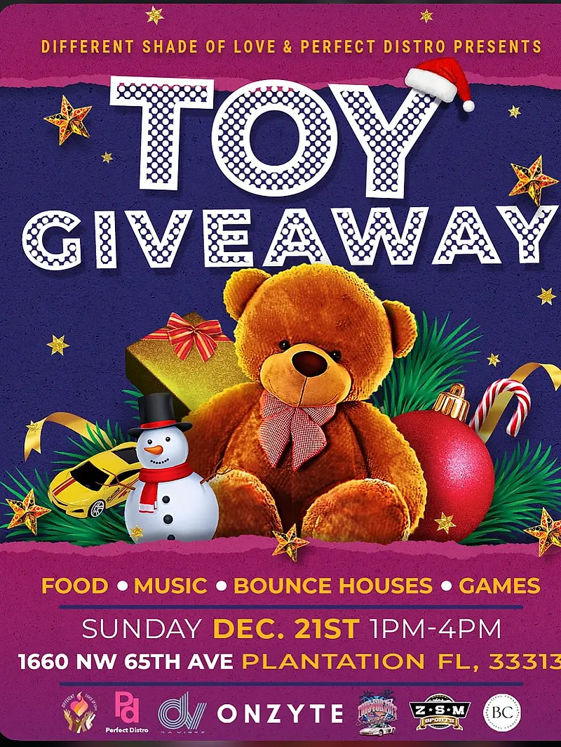 A toy giveaway flyer illustrated with a teddy bear, listing a Sunday afternoon time and an Ozyte Studios credit.
